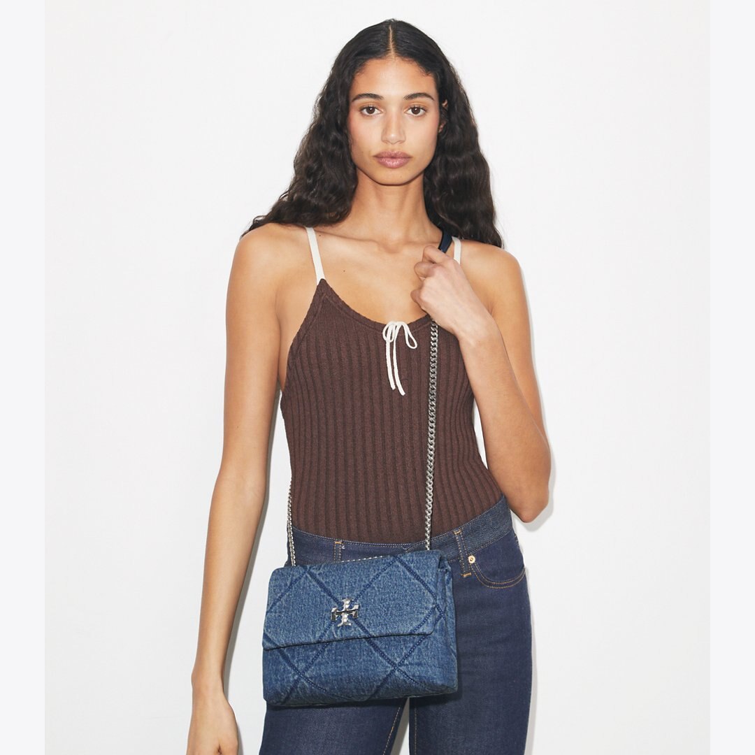Tory Burch Small Kira Diamond Quilt Denim Shoulder Bag Blue