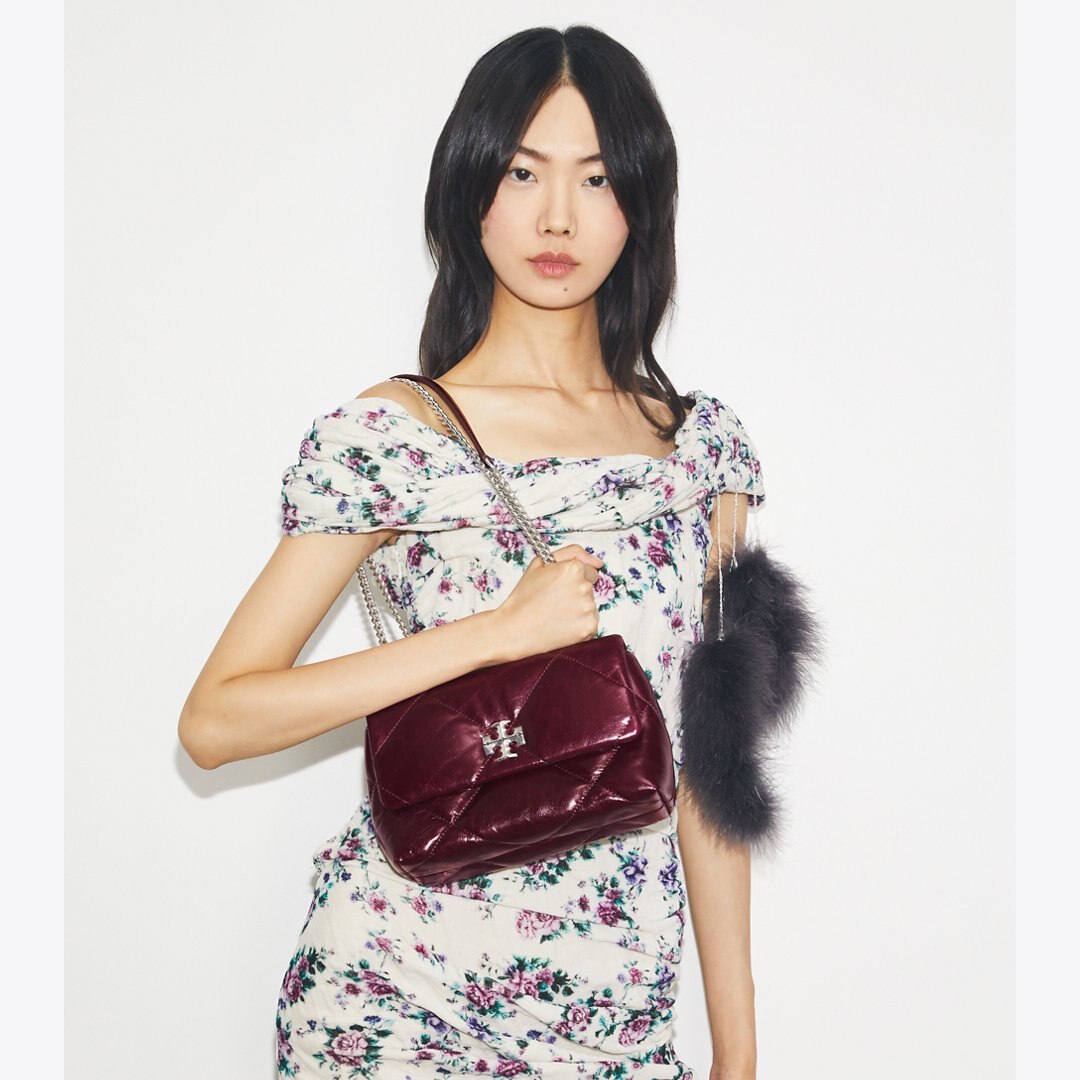 Tory Burch Small Kira Diamond Quilt Distressed Shoulder Bag Dark Carmine
