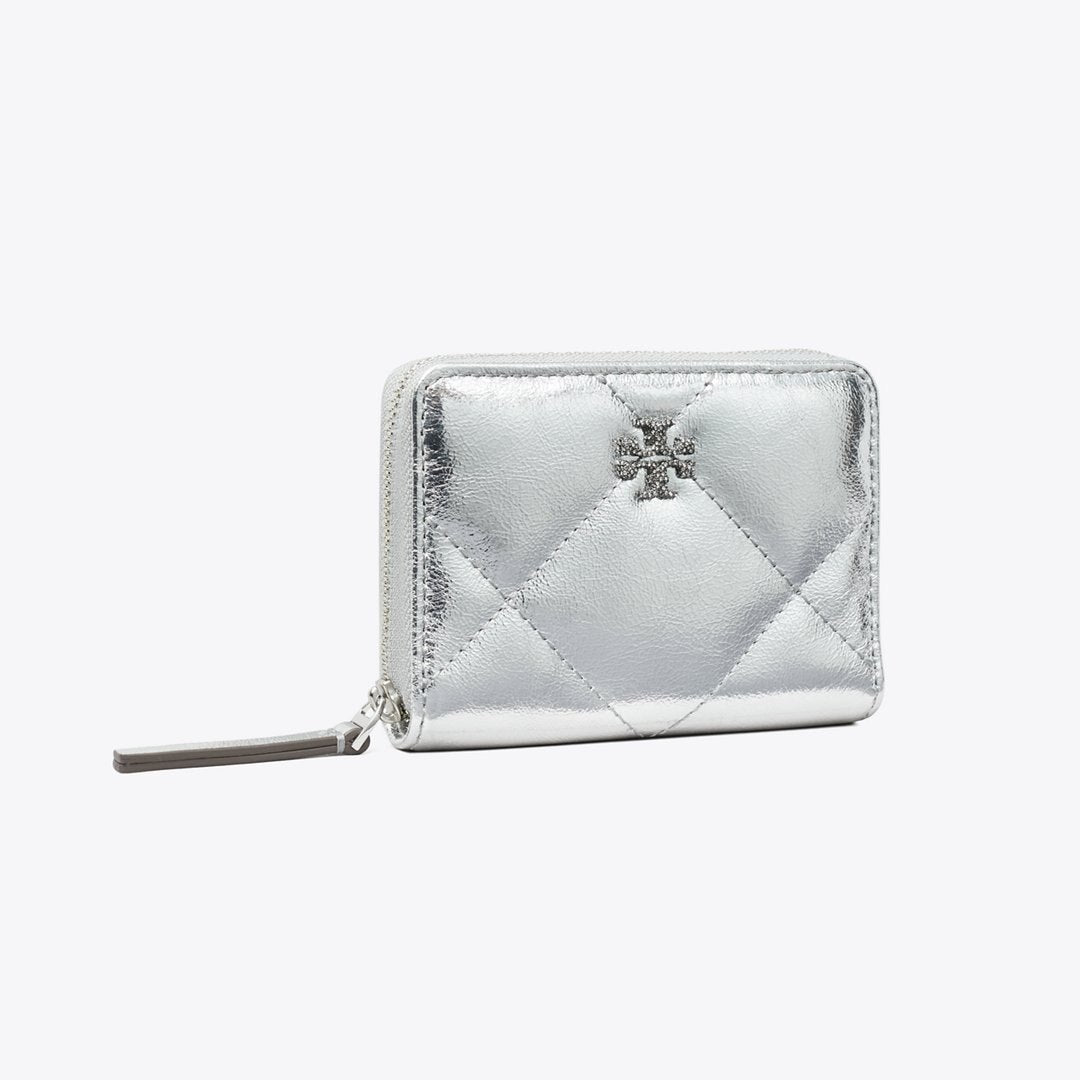 Tory Burch Small Kira Diamond Quilt Metallic Zip-Around Wallet Silver