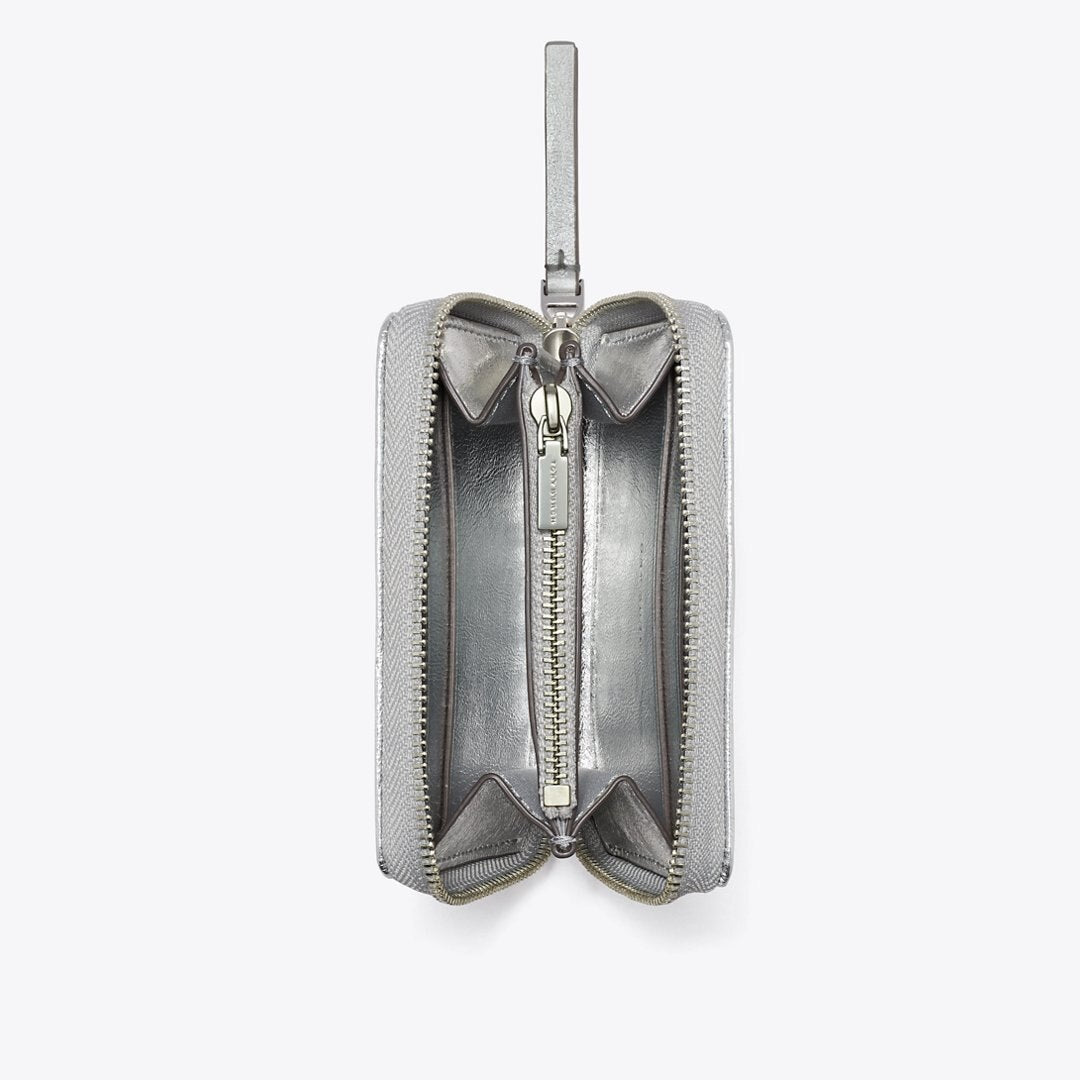 Tory Burch Small Kira Diamond Quilt Metallic Zip-Around Wallet Silver