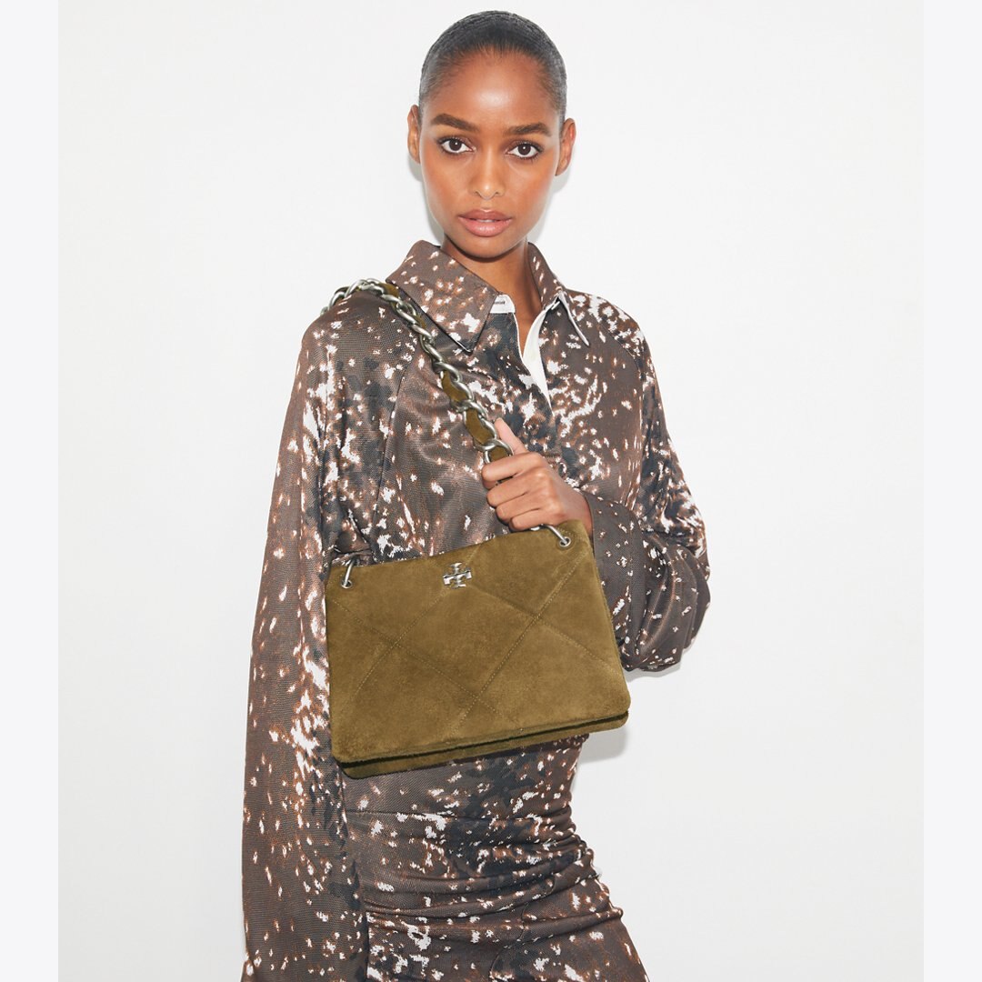 Tory Burch Small Kira Diamond Quilt Suede Shoulder Bag Deep Olive