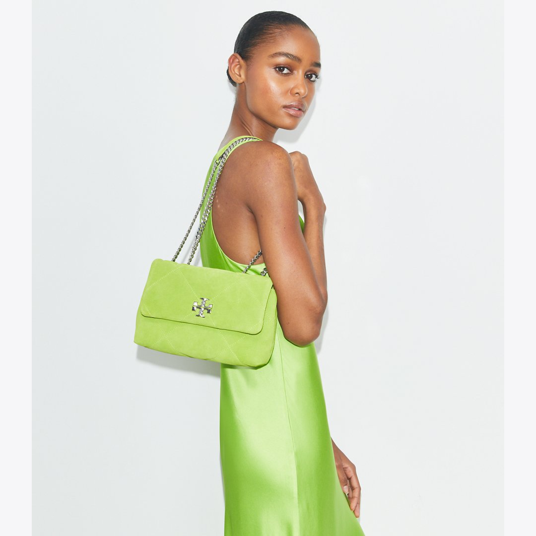 Tory Burch Small Kira Diamond Quilt Suede Shoulder Bag Bitter Lime