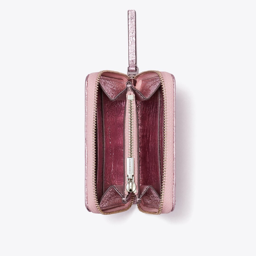 Tory Burch Small Kira Moto Quilt Metallic Zip-Around Wallet Sparkle Pink