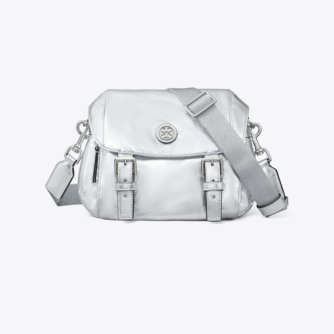 Tory Burch Small Virginia Metallic Messenger Silver