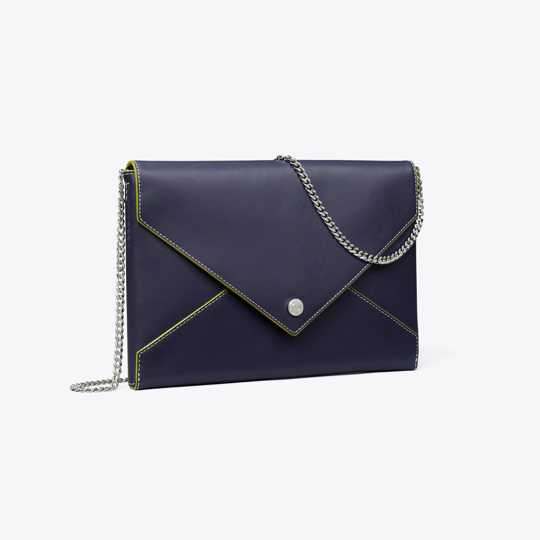 Tory Burch Smooth Leather Envelope Chain Pouch Midnight