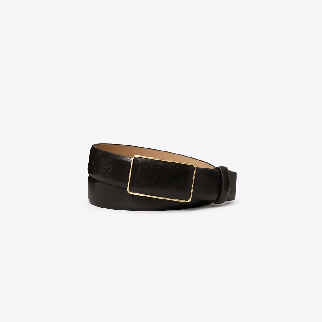 Tory Burch Smooth Leather Plate Belt Black / GOLD