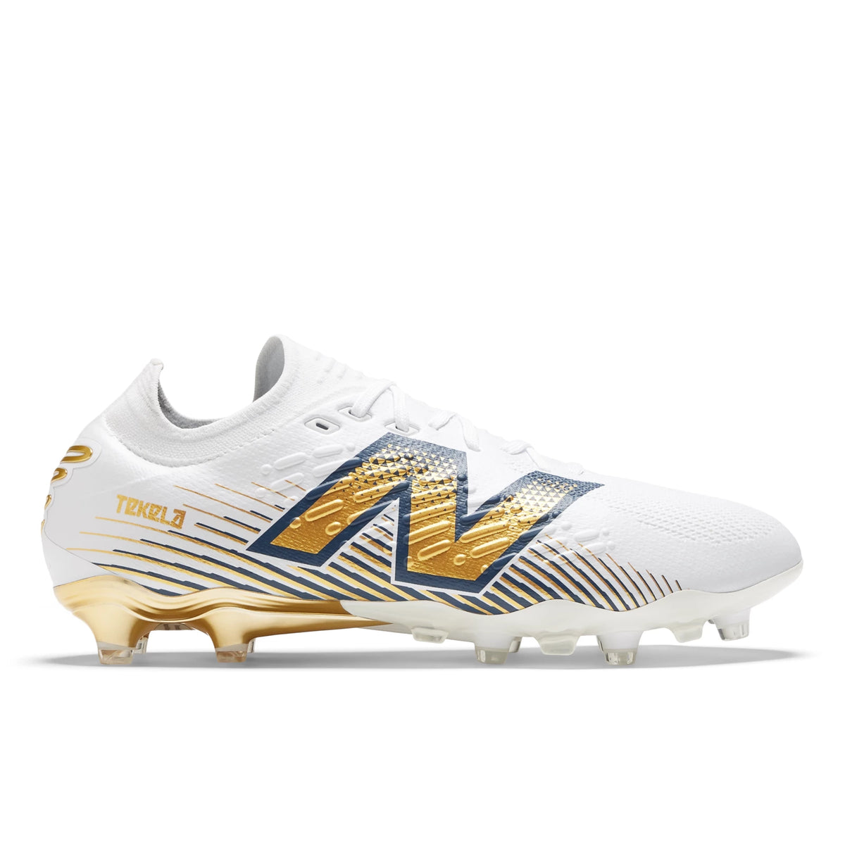 New Balance Tekela PRO LOW Laced FG V4 White with Navy and Gold Metallic