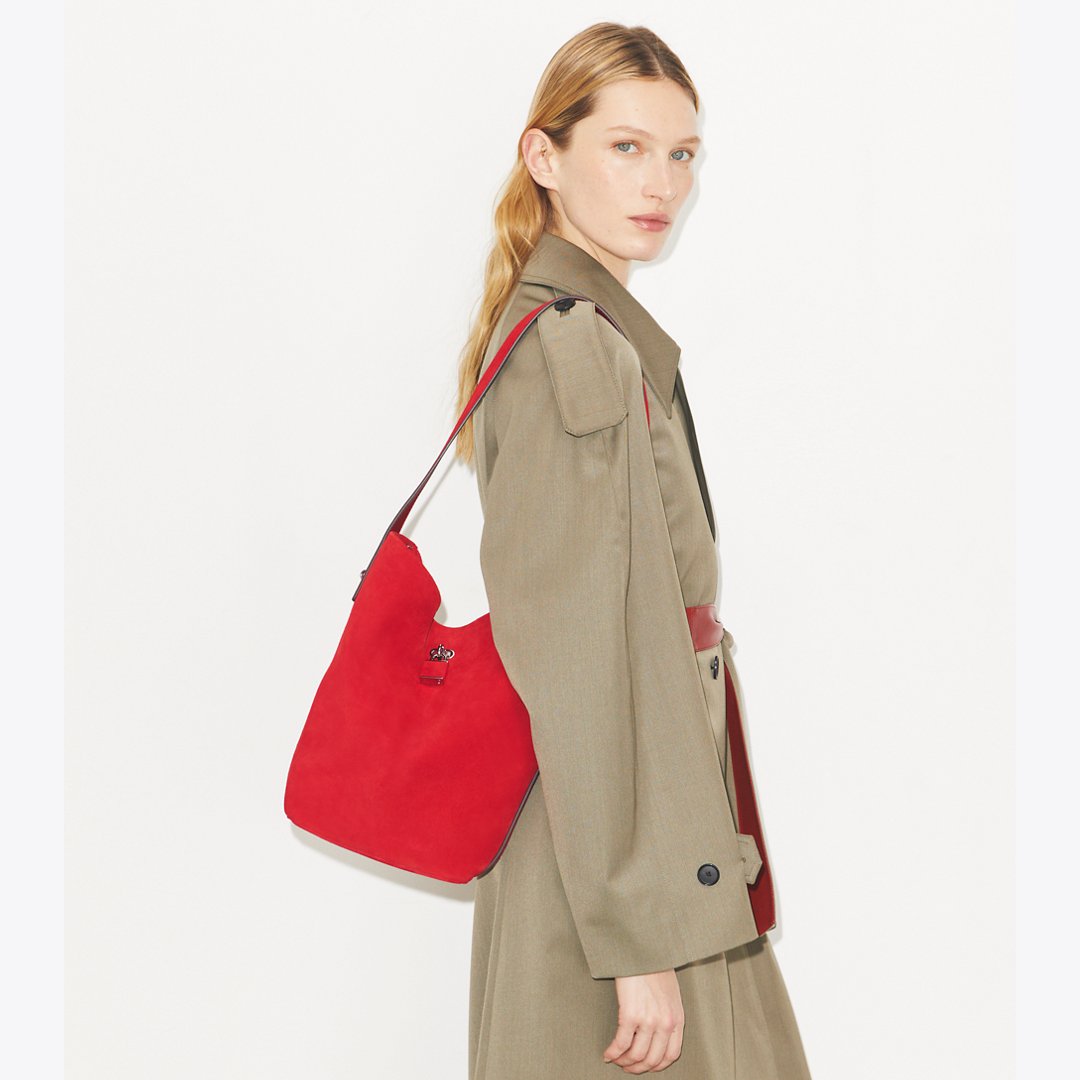 Tory Burch Suede Slim Bucket Bag Toucan Red