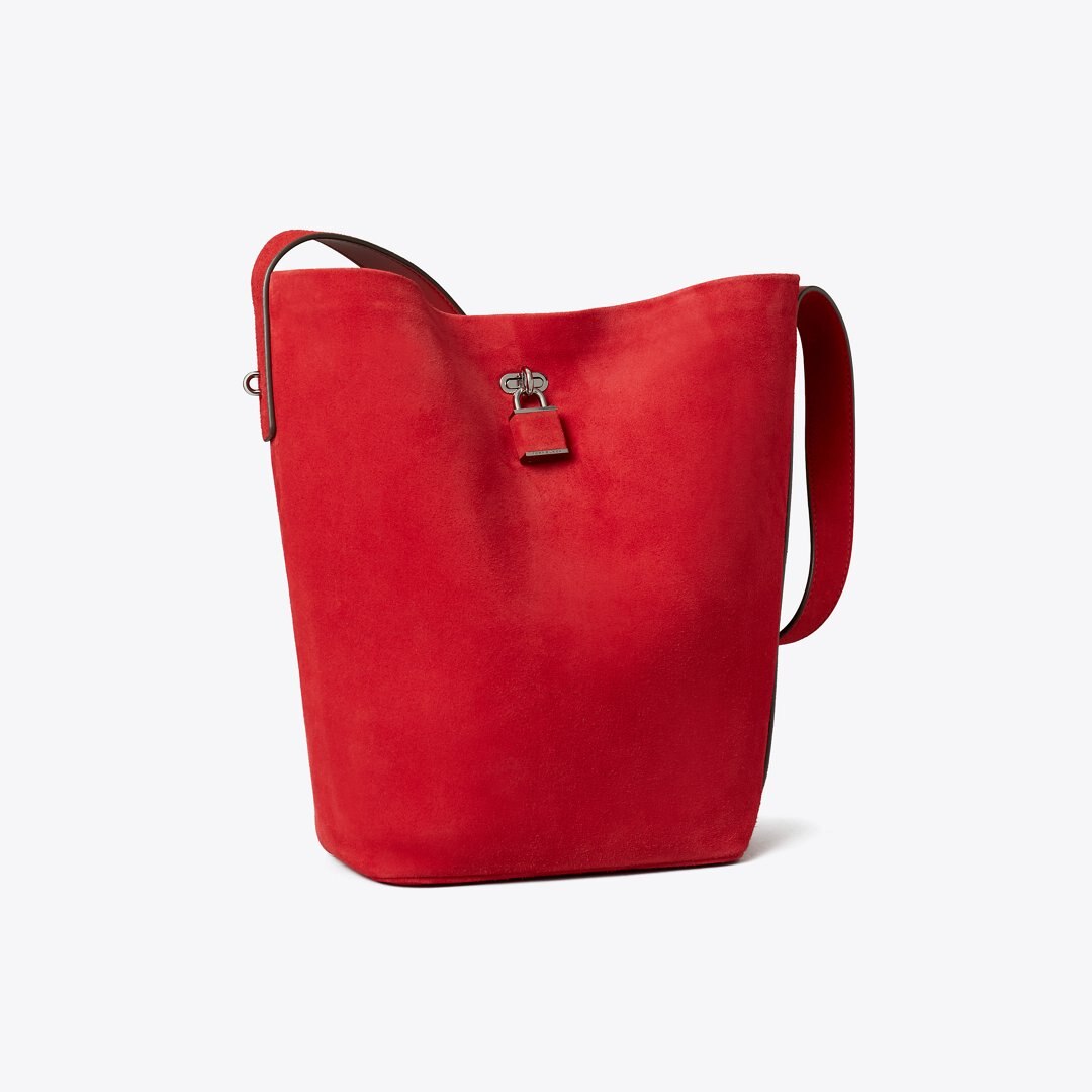 Tory Burch Suede Slim Bucket Bag Toucan Red
