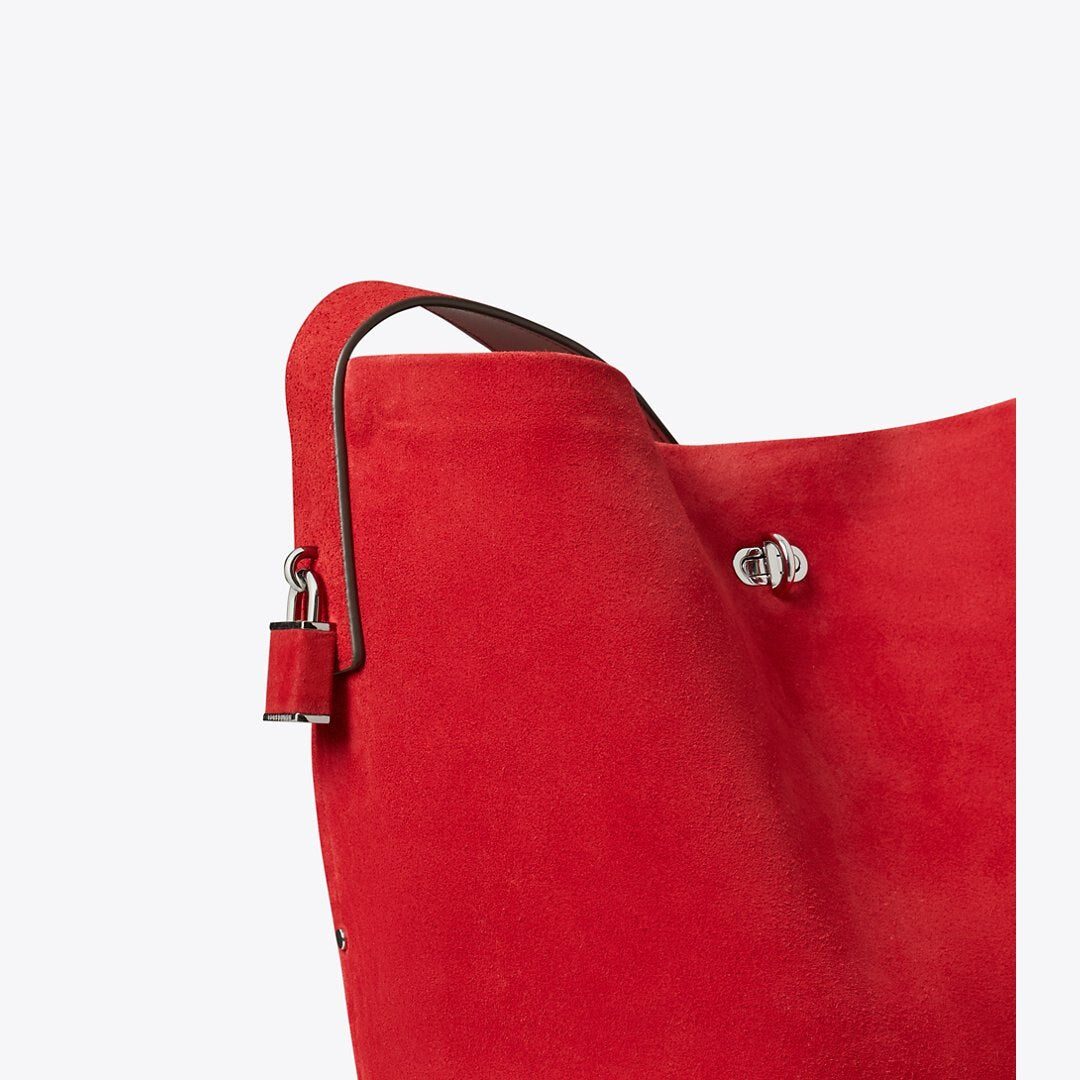 Tory Burch Suede Slim Bucket Bag Toucan Red