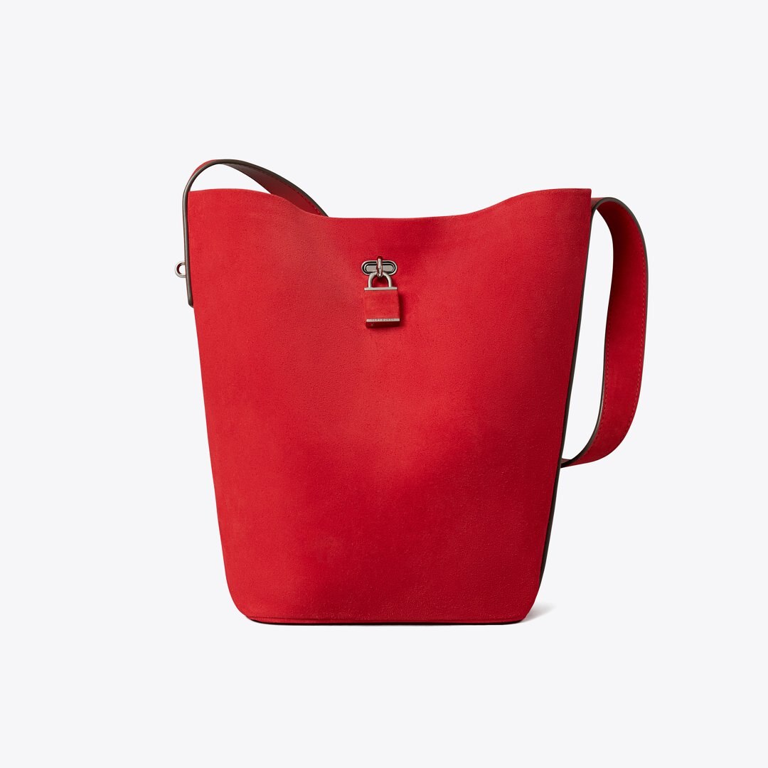 Tory Burch Suede Slim Bucket Bag Toucan Red