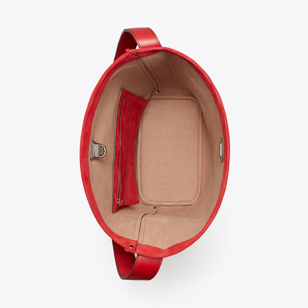 Tory Burch Suede Slim Bucket Bag Toucan Red