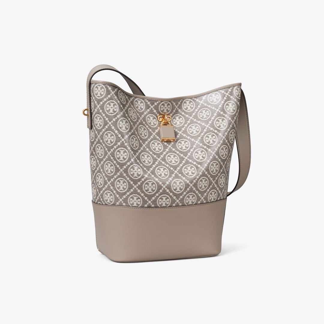 Tory Burch T Monogram Coated Jacquard Lock Slim Bucket Bag Charcoal