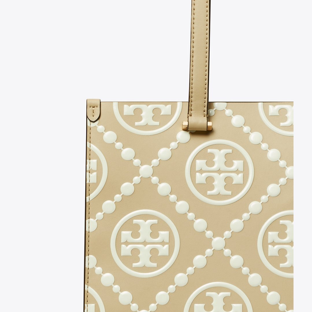 Tory Burch T Monogram Contrast Embossed Small Tote Beige