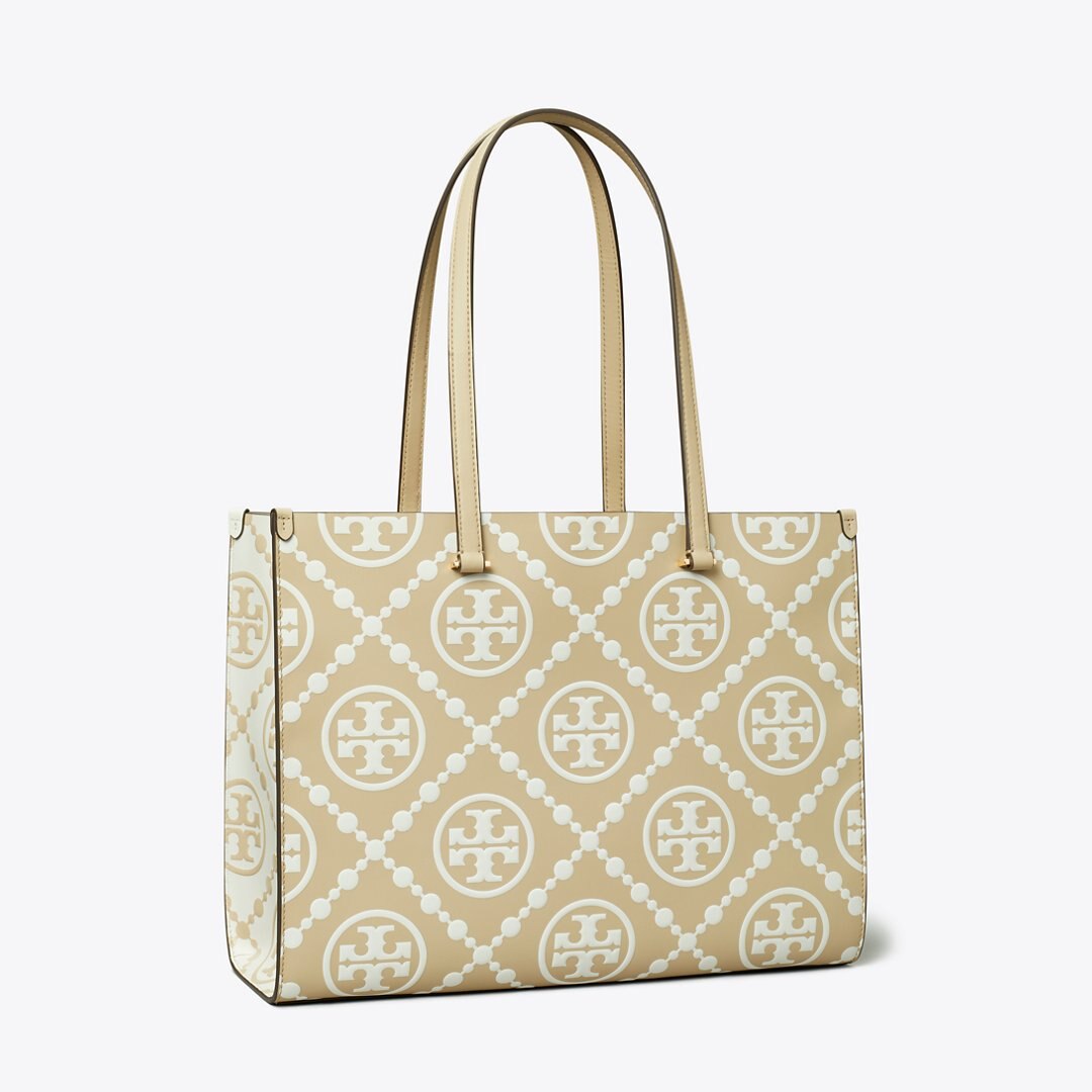Tory Burch T Monogram Contrast Embossed Tote Beige