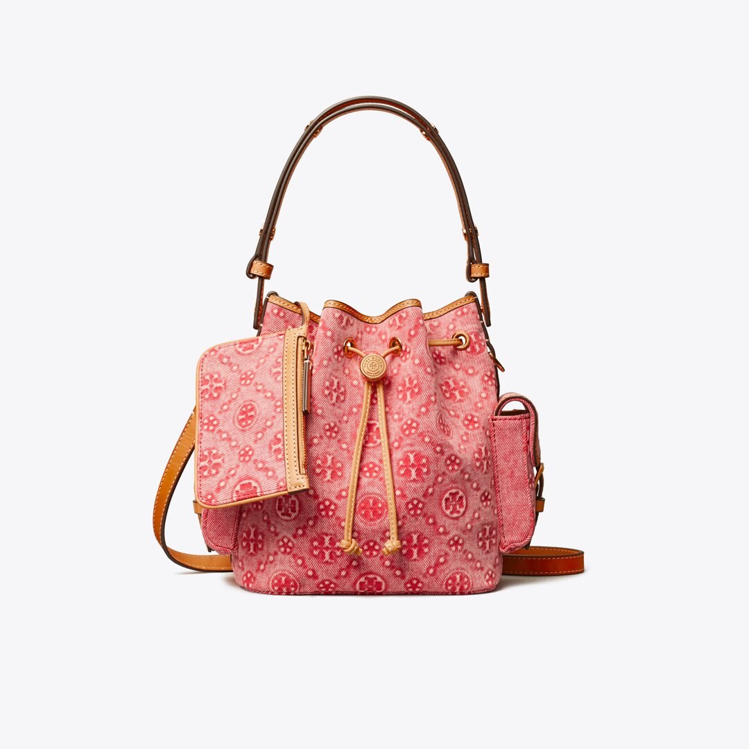 Tory Burch T Monogram Denim Bucket Bag Brilliant Red