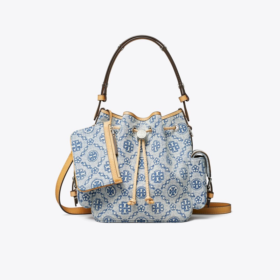Tory Burch T Monogram Denim Bucket Bag Powder Blue