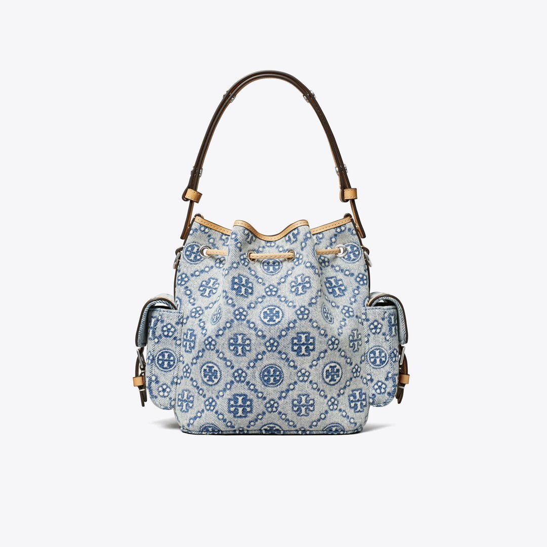 Tory Burch T Monogram Denim Bucket Bag Powder Blue