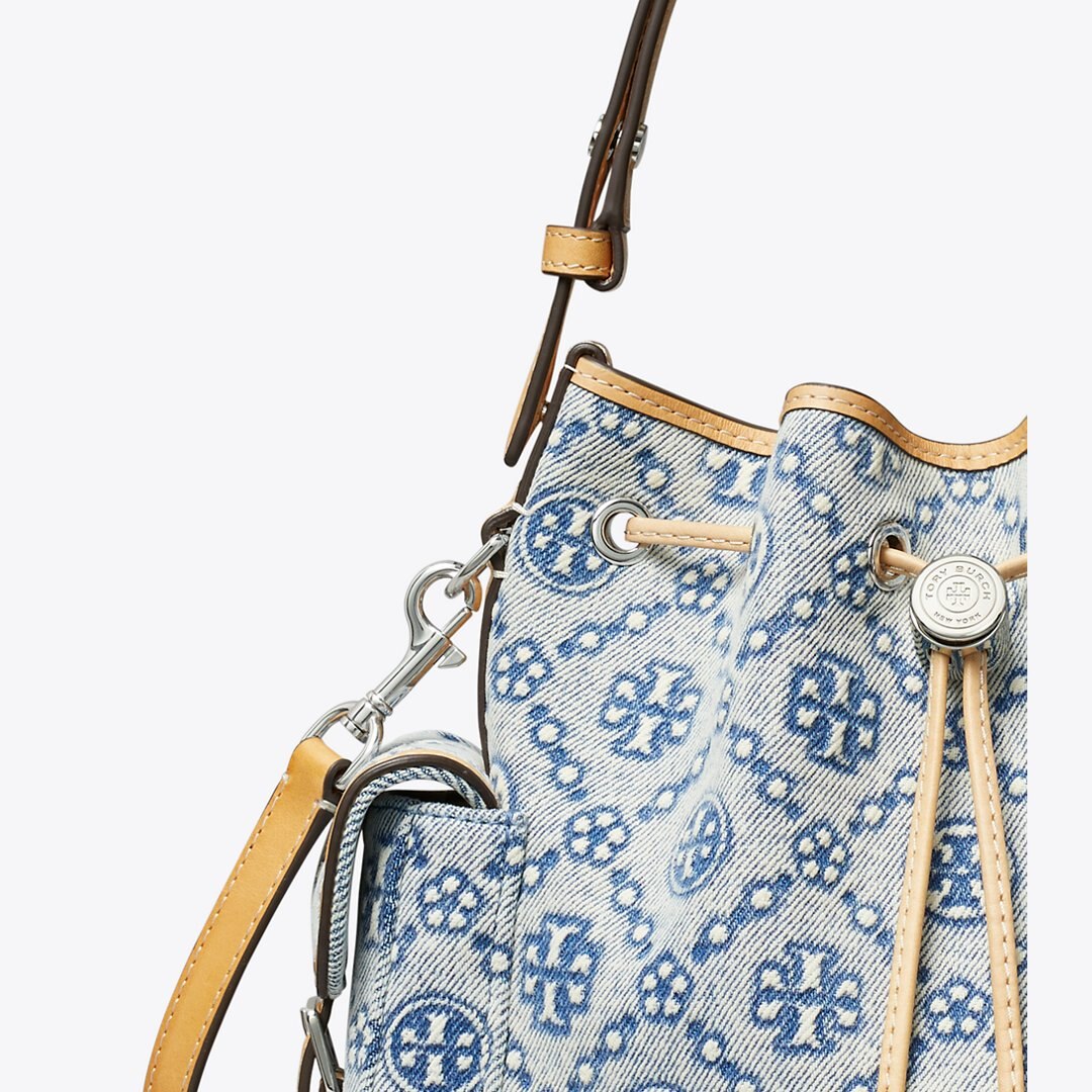 Tory Burch T Monogram Denim Bucket Bag Powder Blue