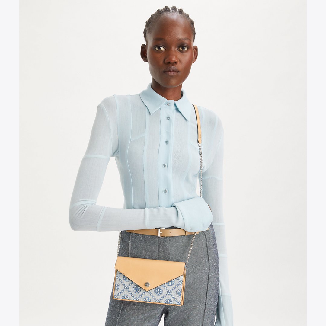 Tory Burch T Monogram Denim Envelope Crossbody Seltzer