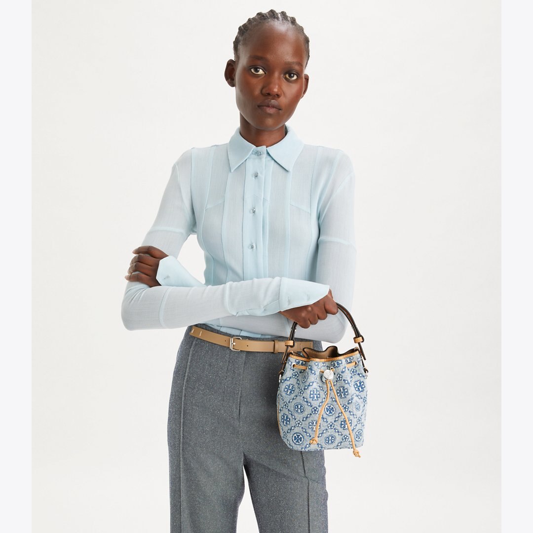 Tory Burch T Monogram Denim Mini Bucket Bag Powder Blue