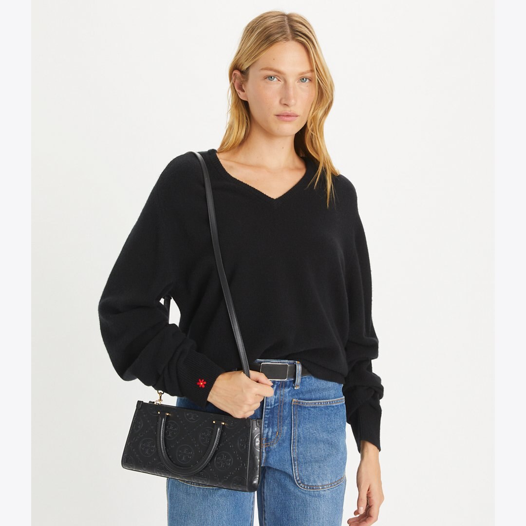 Tory Burch T Monogram Embossed Small East-West Tote Black