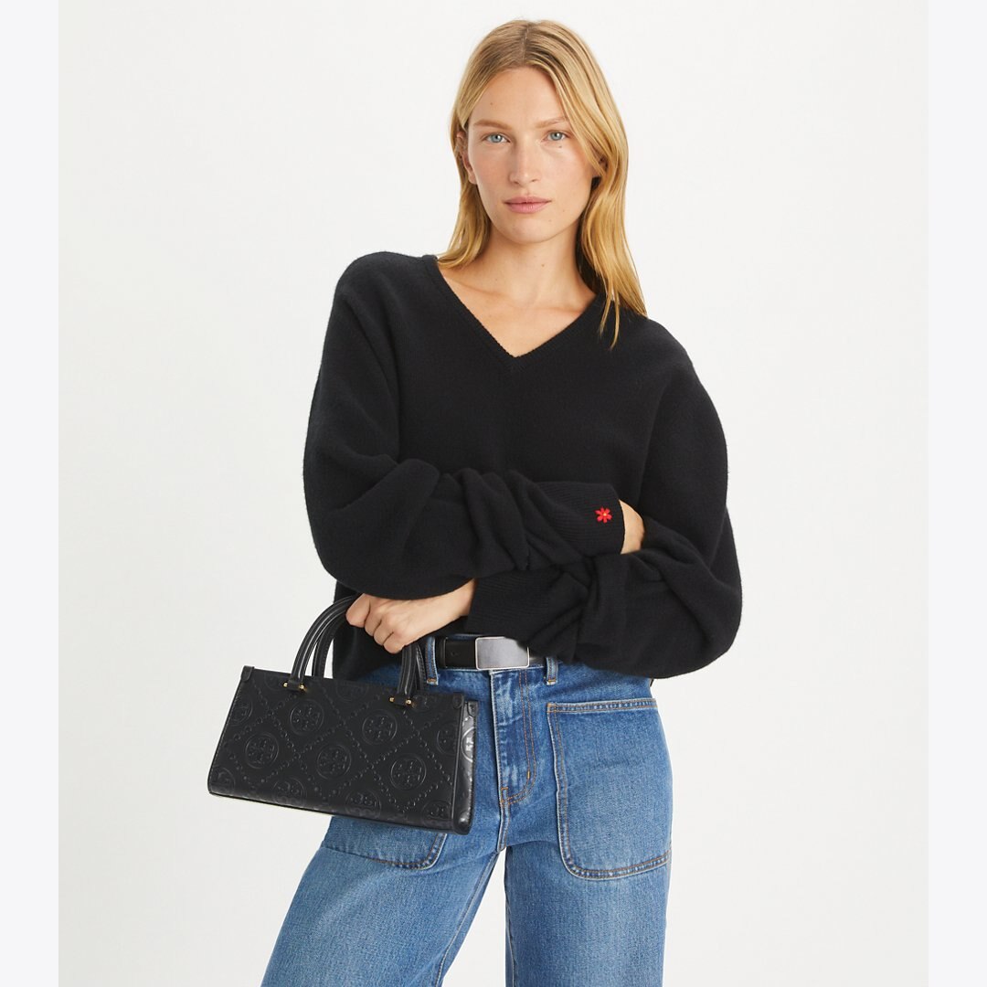 Tory Burch T Monogram Embossed Small East-West Tote Black