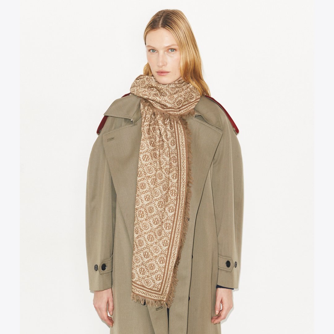 Tory Burch T Monogram Floral Oblong Scarf Chocolate T Monogram