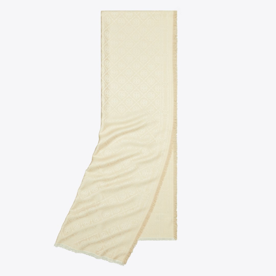 Tory Burch T Monogram Jacquard Oblong Scarf Light Cream