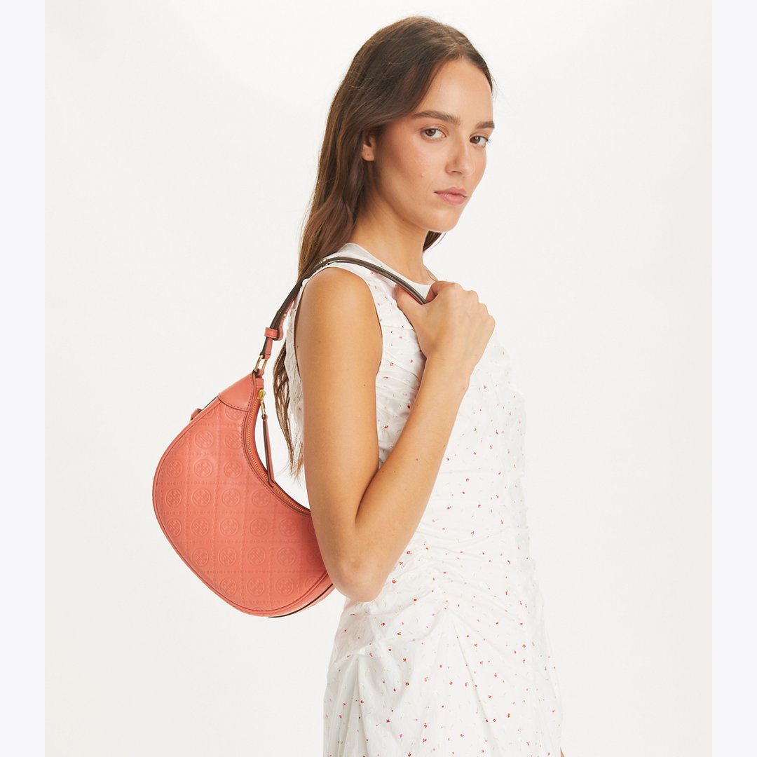 Tory Burch T Monogram Leather Crescent Bag Coral Crush