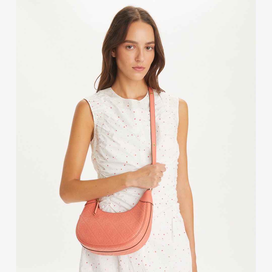 Tory Burch T Monogram Leather Crescent Bag Coral Crush