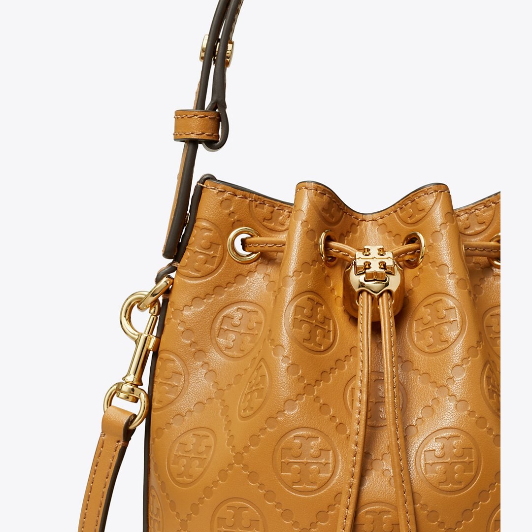 Tory Burch T Monogram Leather Mini Bucket Bag Tan