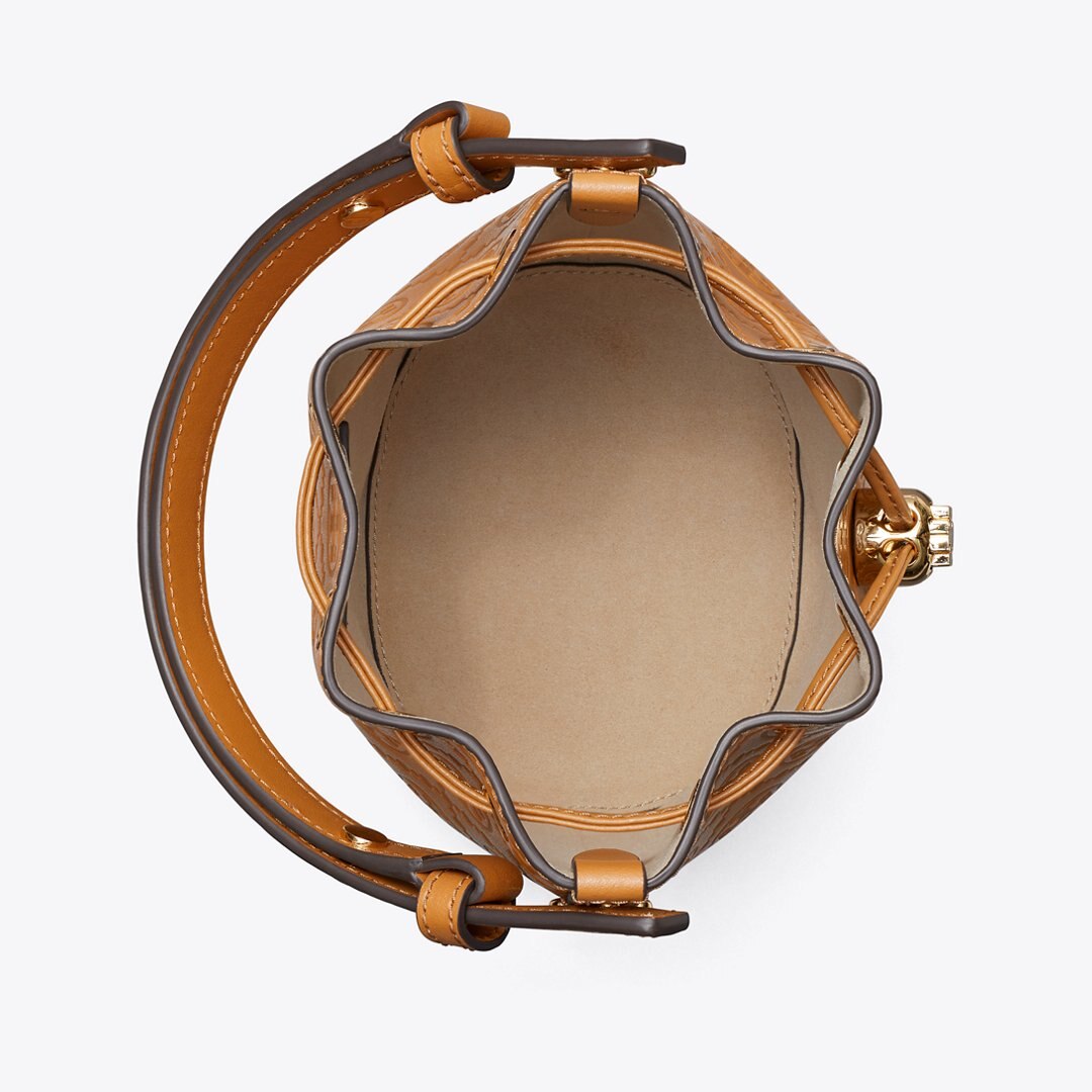 Tory Burch T Monogram Leather Mini Bucket Bag Tan