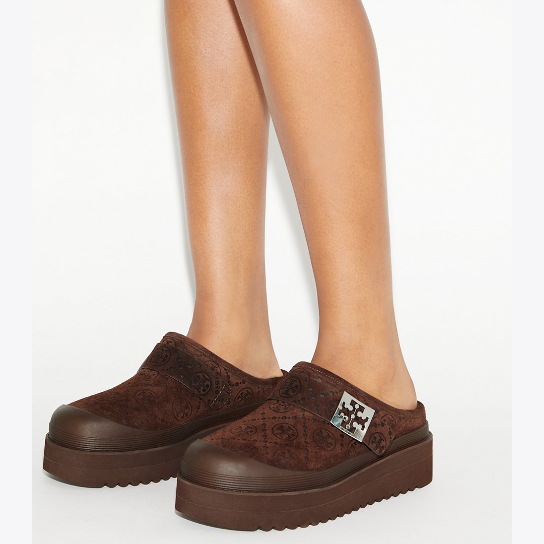 Tory Burch T Monogram Mellow Shearling Platform Mule DARK COCOA T MONOGRAM / SILVER