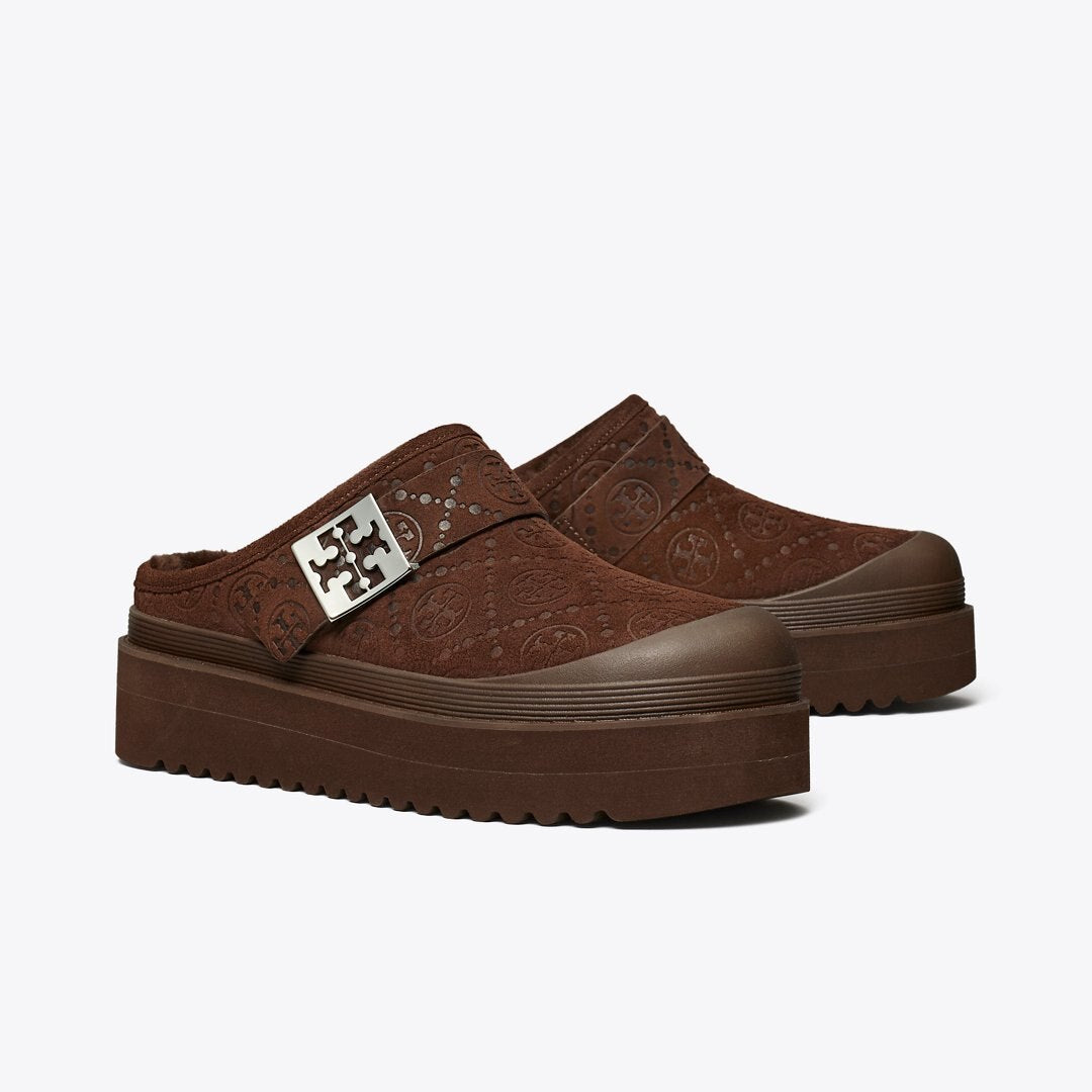 Tory Burch T Monogram Mellow Shearling Platform Mule DARK COCOA T MONOGRAM / SILVER