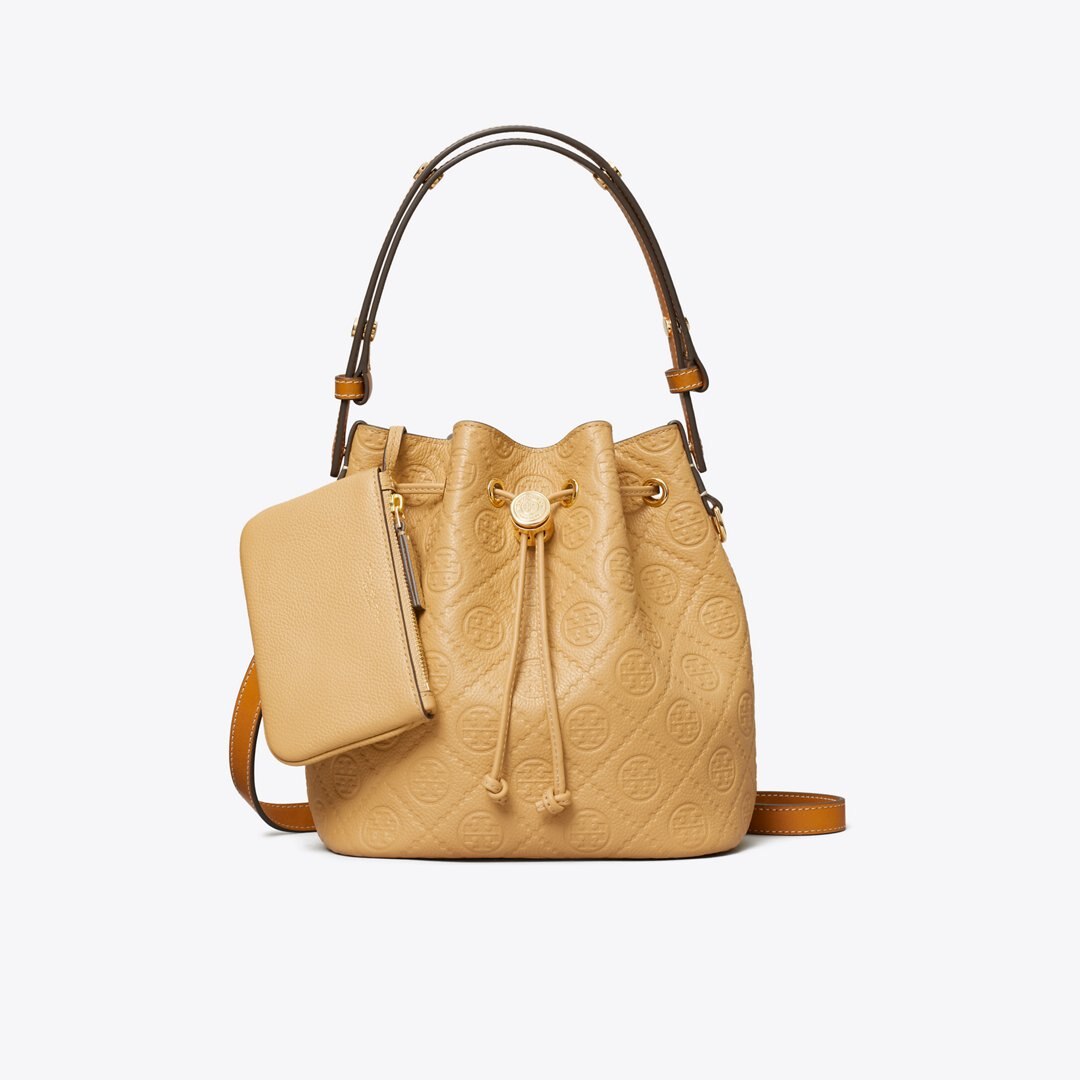 Tory Burch T Monogram Pebble Bucket Bag Biscotti