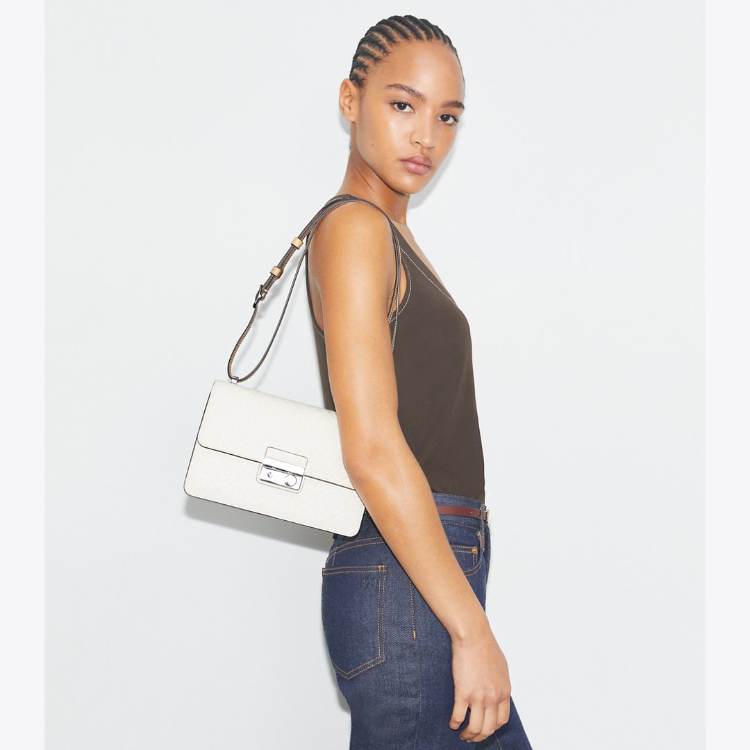 Tory Burch T Monogram Pebble Shoulder Bag Warm White