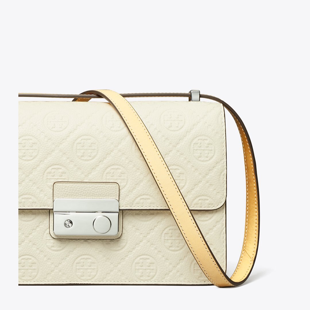 Tory Burch T Monogram Pebble Shoulder Bag Warm White