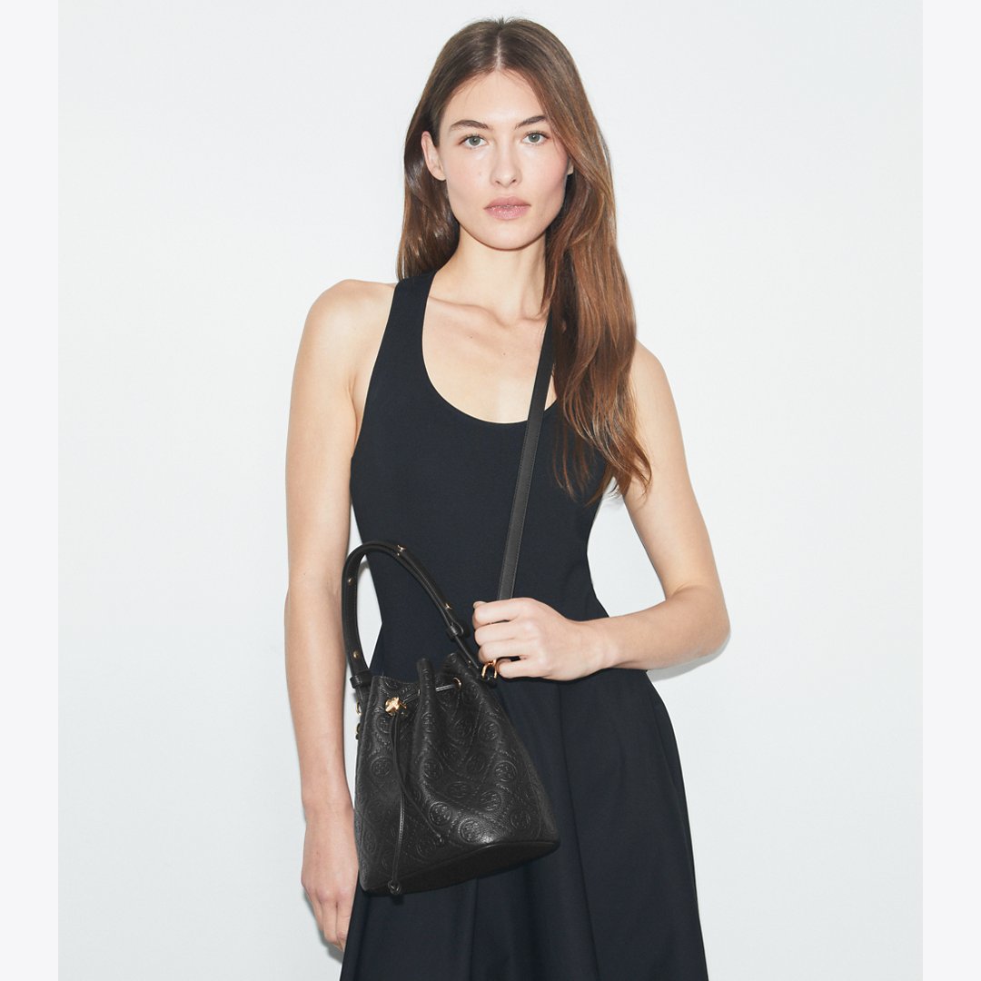 Tory Burch T Monogram Pebbled Bucket Bag Black