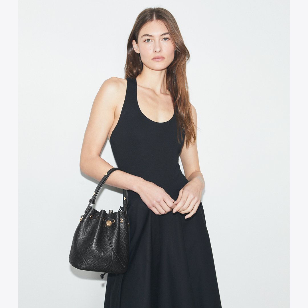 Tory Burch T Monogram Pebbled Bucket Bag Black