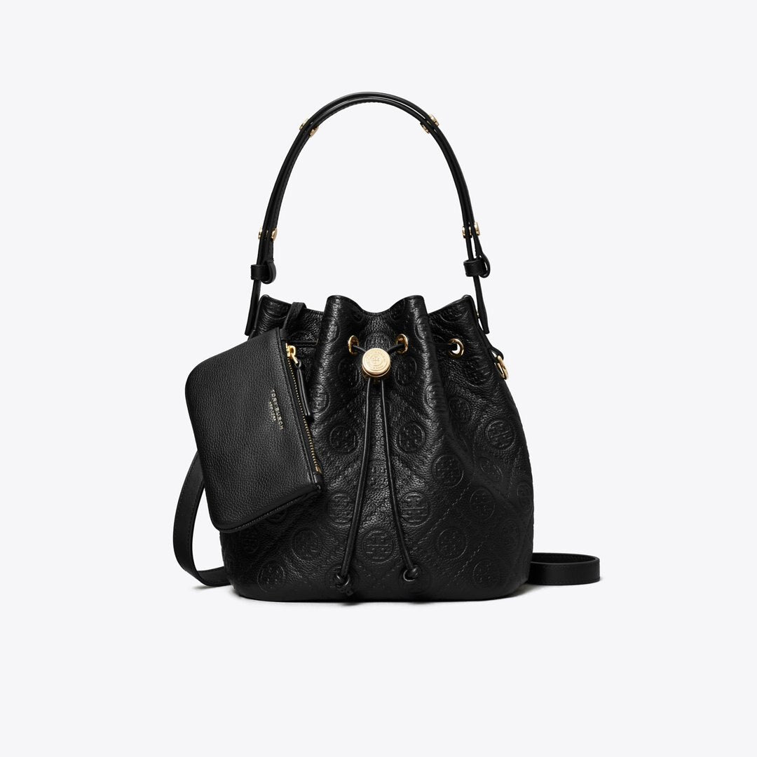 Tory Burch T Monogram Pebbled Bucket Bag Black