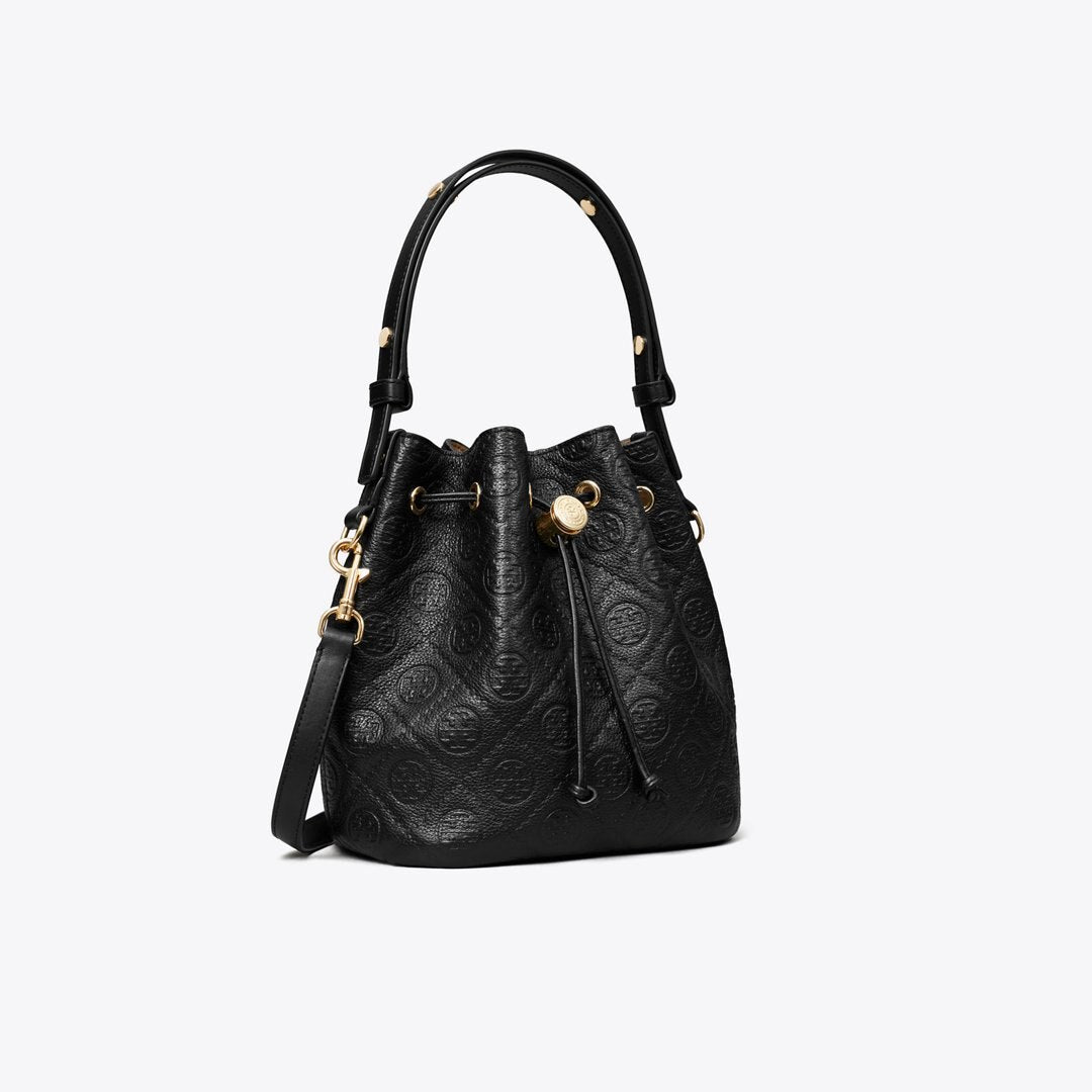 Tory Burch T Monogram Pebbled Bucket Bag Black