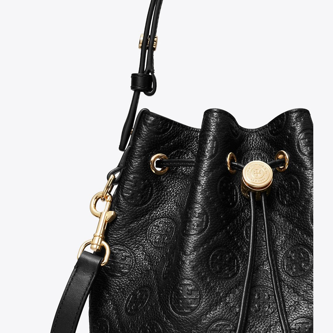 Tory Burch T Monogram Pebbled Bucket Bag Black