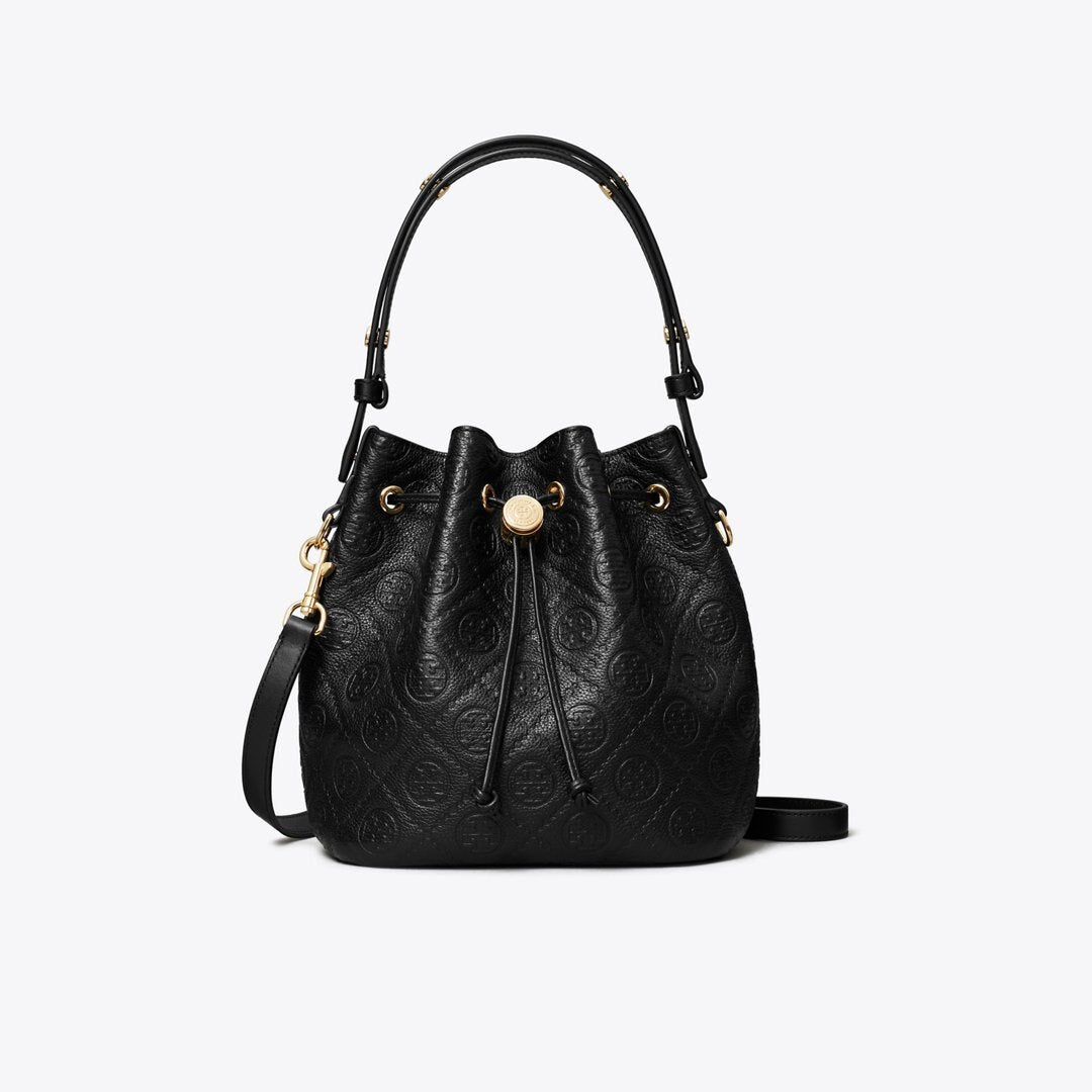 Tory Burch T Monogram Pebbled Bucket Bag Black