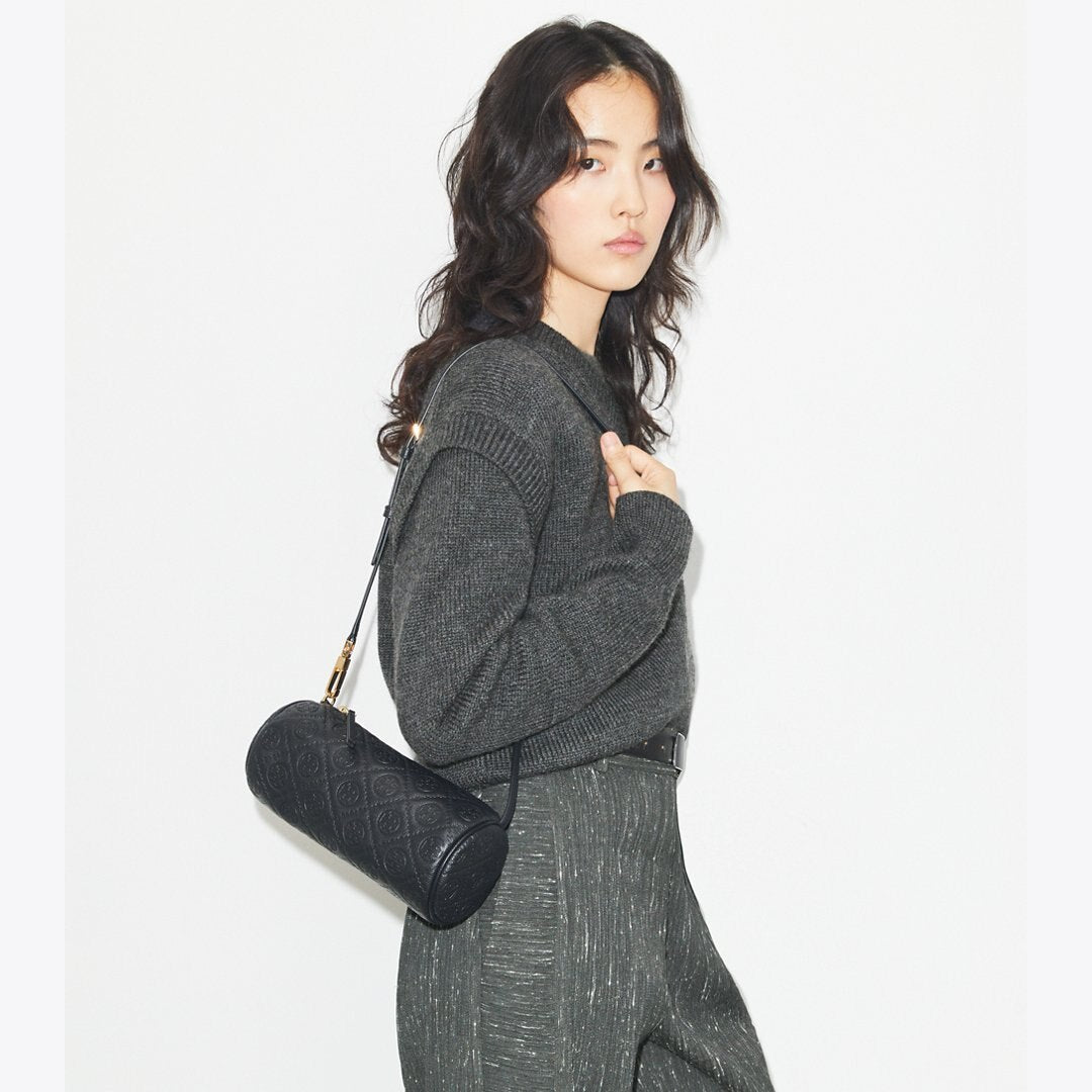 Tory Burch T Monogram Pebbled Cylinder Bag Black