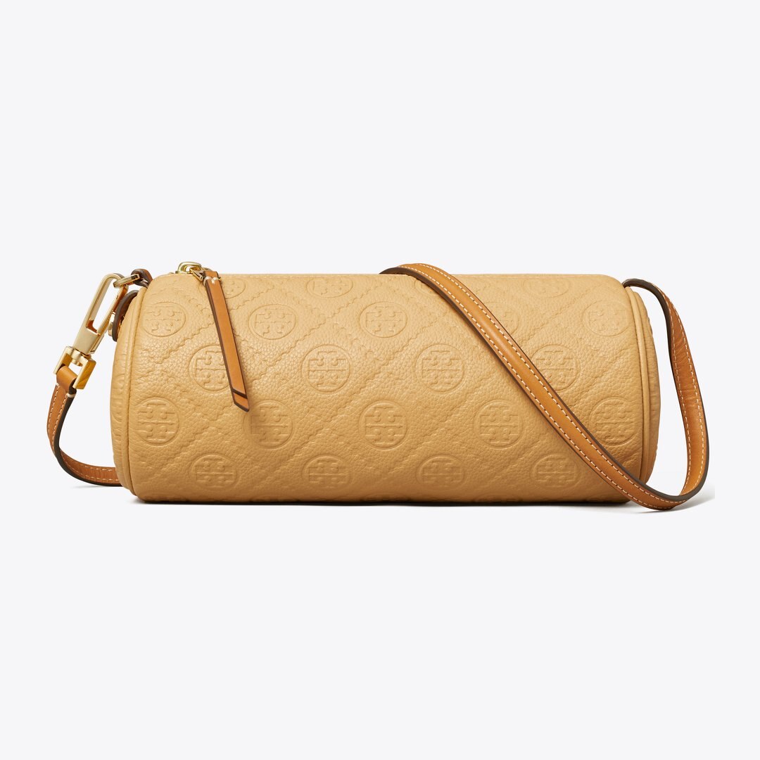 Tory Burch T Monogram Pebbled Cylinder Bag Biscotti