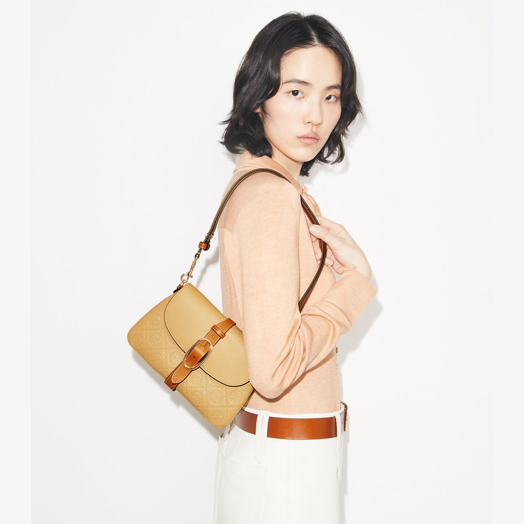 Tory Burch T Monogram Pebbled Soft Small Shoulder Bag Biscotti