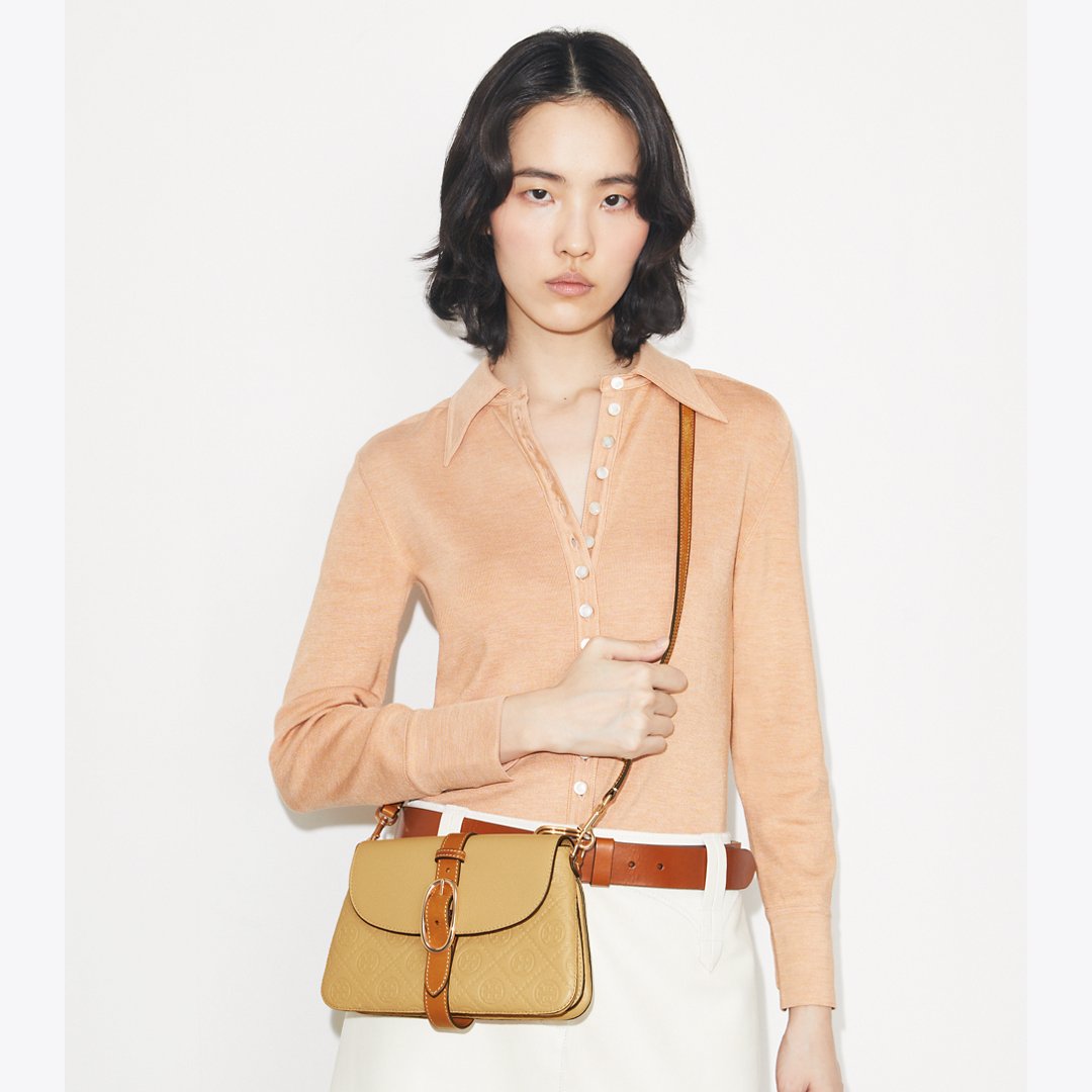 Tory Burch T Monogram Pebbled Soft Small Shoulder Bag Biscotti
