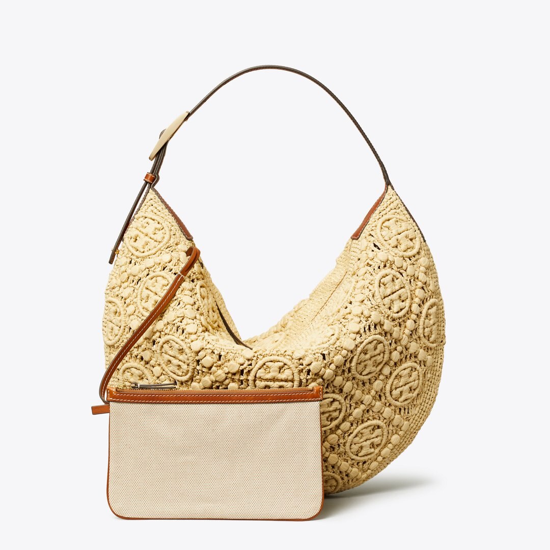 Tory Burch T Monogram Raffia Balloon Bag Natural