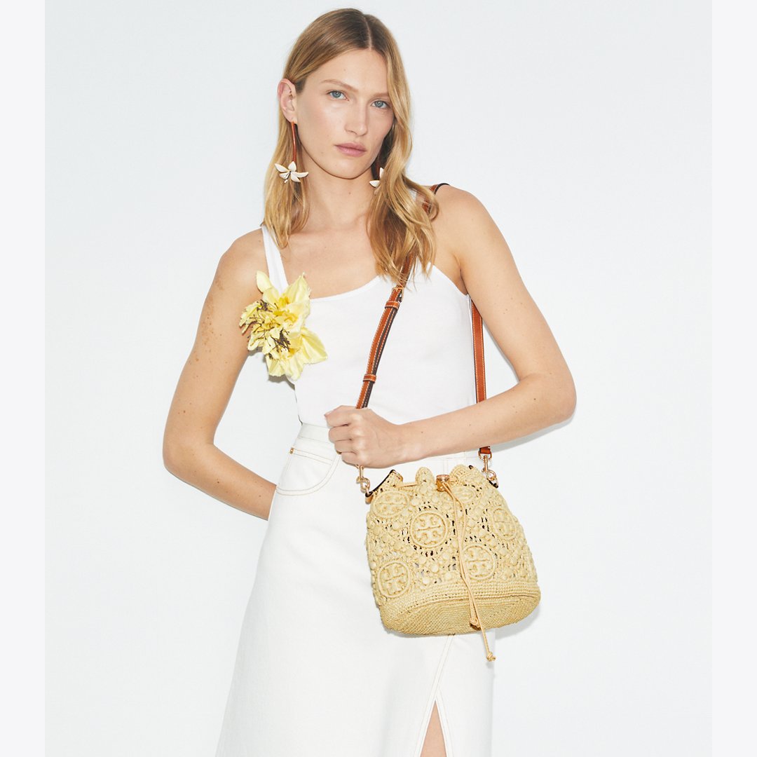 Tory Burch T Monogram Raffia Bucket Bag Natural